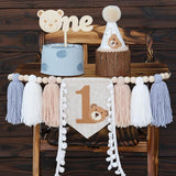 Bear First Birthday Blue High Chair Banner Decorations Baby Boy With
