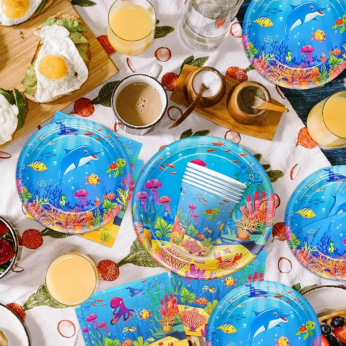 120 Pcs Under the Sea Party Decorations Ocean Birthday Party Plates