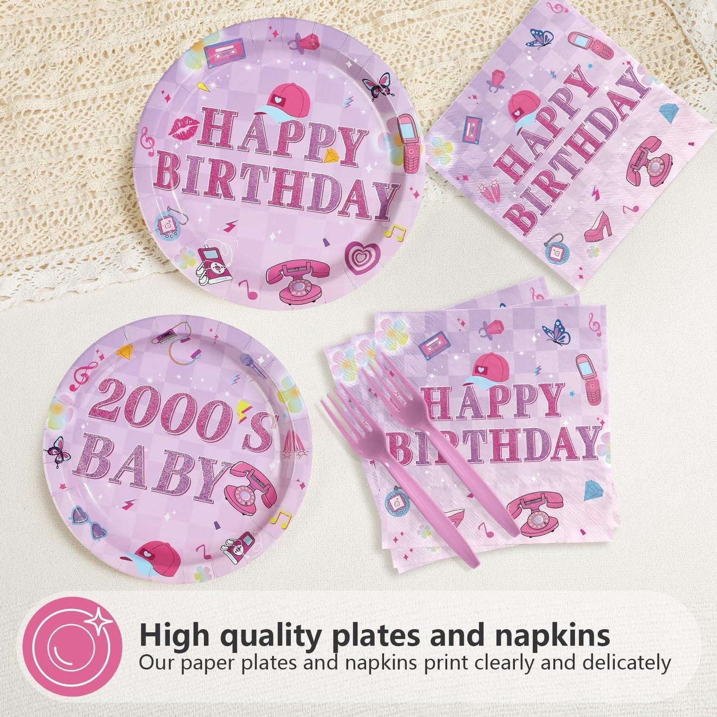 96Pcs 2000s Birthday Party Decorations Y2k Hot Pink Bday Plates and