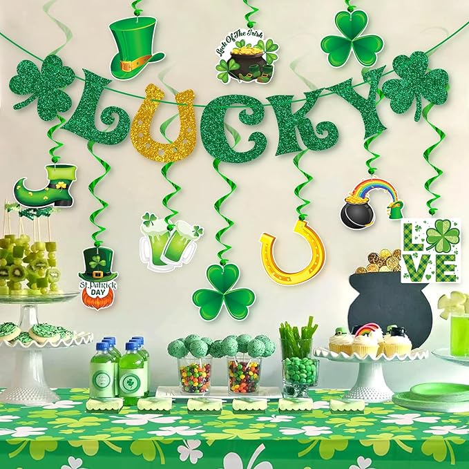 St Patrick's Day Decorations Kit with Banner 10 Hanging Swirls NO