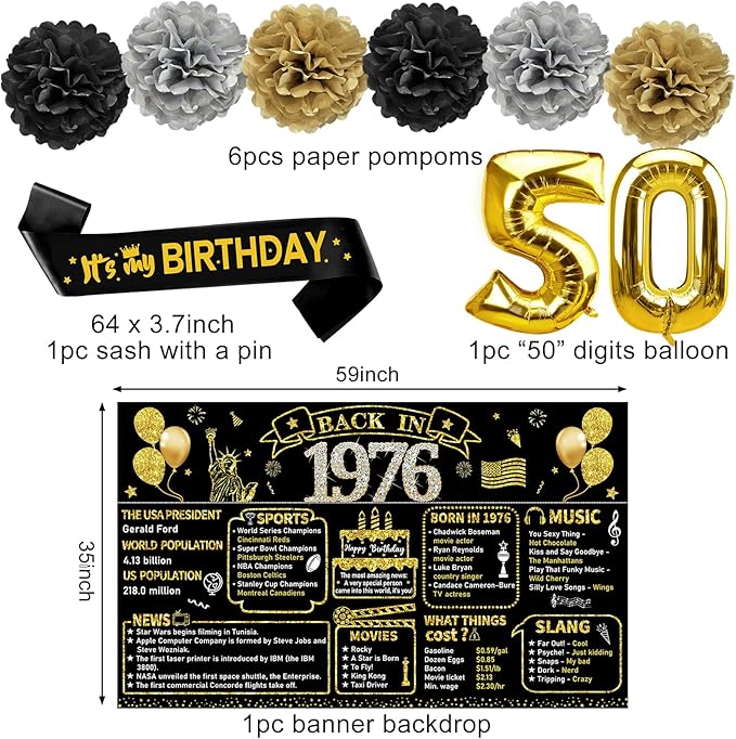 50th Birthday Decorations for Men Women 21pcs the Year 1976 Banner
