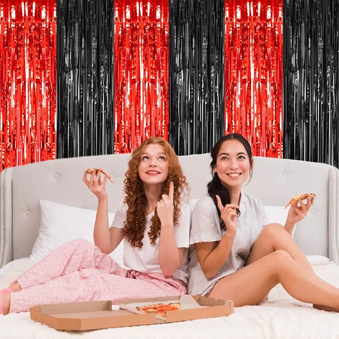 PIGETALE, 2 Pack 3.2x8.2 Feet Black and Red Foil Fringe Curtains