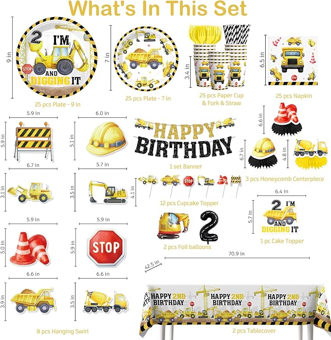 Xynic 187pcs Construction Birthday Party Supplies for 2 Year Old Boy