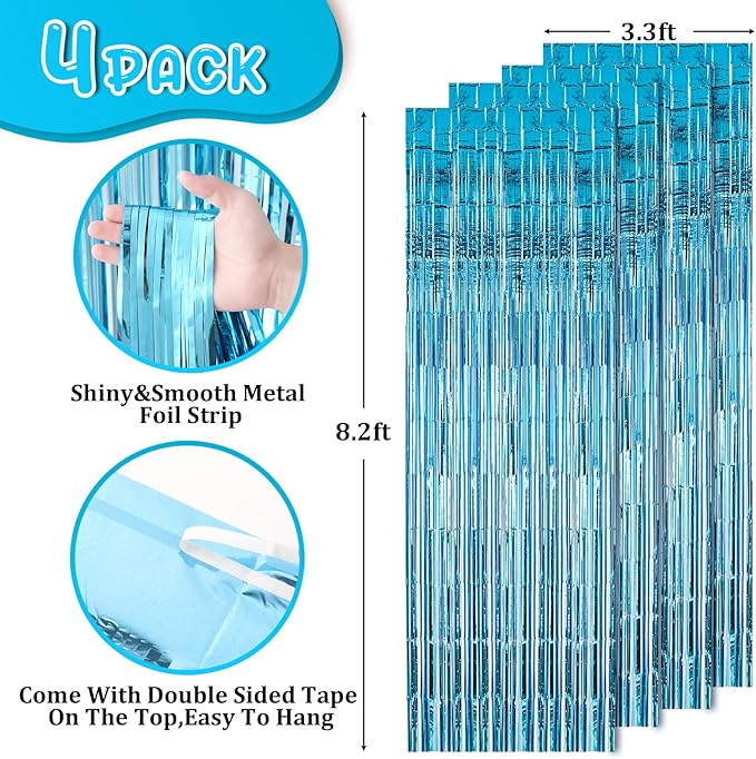 Voircoloria 4 Pack 3.3x8.2 Feet Light Blue Foil Fringe Backdrop