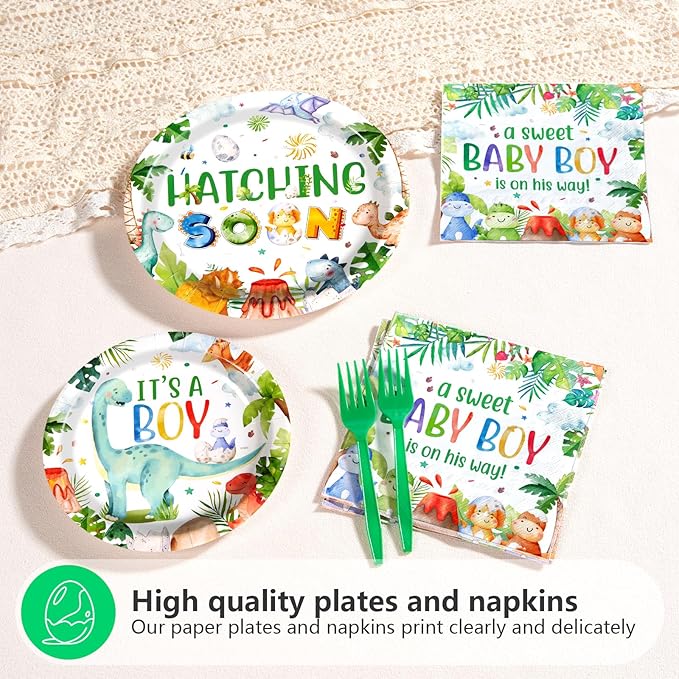 96Pcs Dinosaur Baby Shower Decorations Watercolor Dinosaur Plates