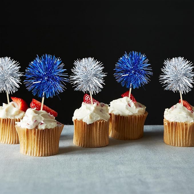 Gyufise 30Pcs Foil Firework Cupcake Toppers Sparkle Tinsel Cake