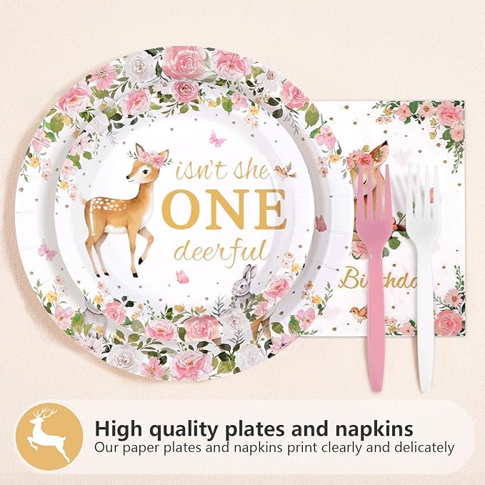 96Pcs Pink Deer Girl 1st Birthday Party Supplies Isn't She