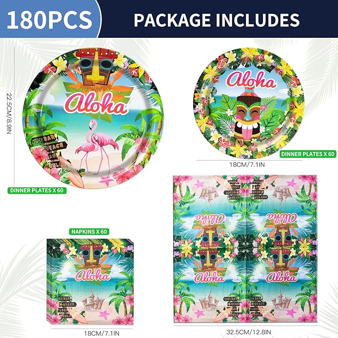 180PCS Hawaiian Aloha Party Supplies Serve 60 Luau Tropical Paper