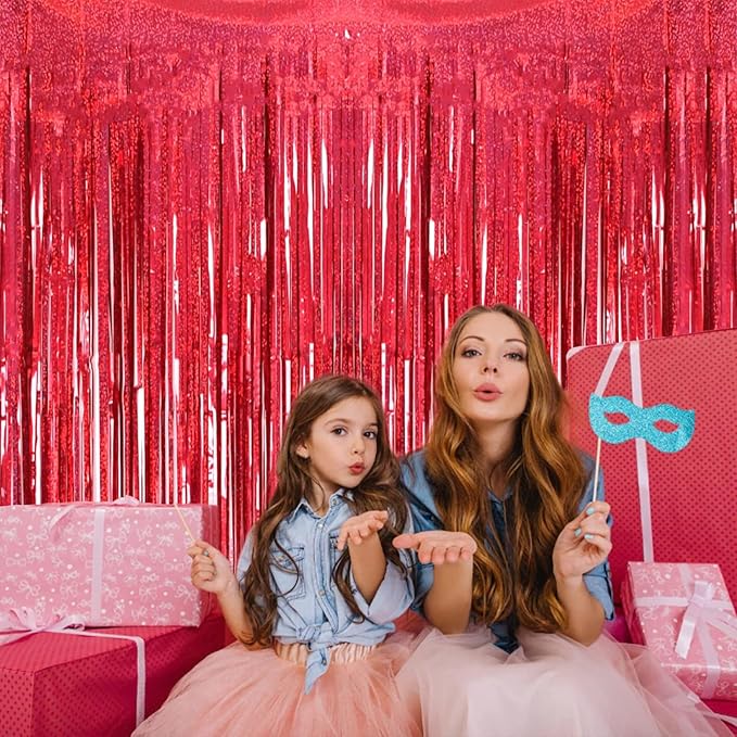 2 Pack 3.2ft x 8.2ft Red Foil Fringe Curtain, Glitter Metallic Tinsel