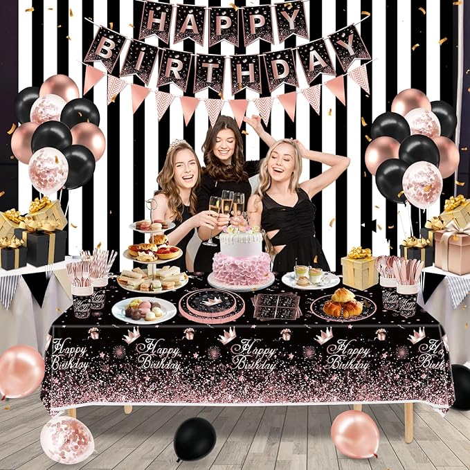 225 PCS Black and Rose Gold Party Decoration Rose Gold & Black Party