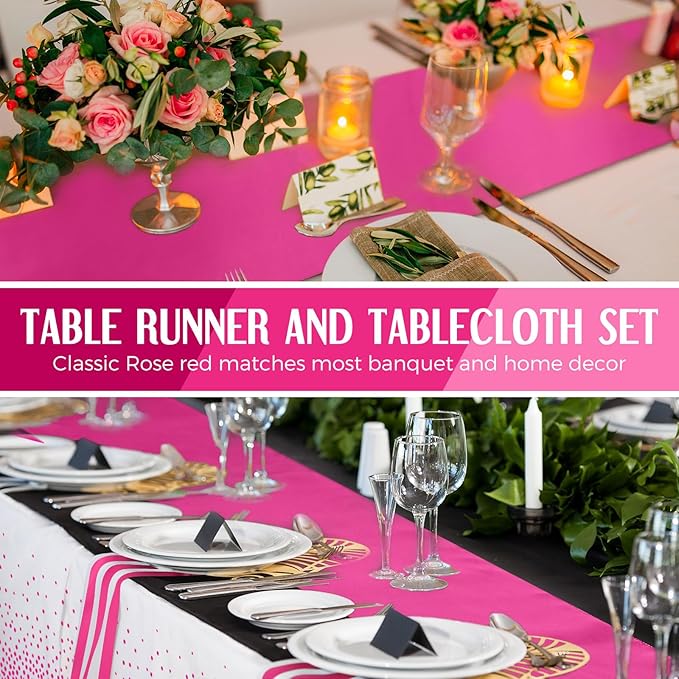 Breling 8 Pack White and Hot Pink Disposable Plastic Tablecloths and