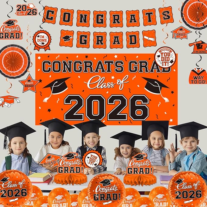 Orange Themed 2026 Graduation Decorations Set - Congrats Grad Banner,