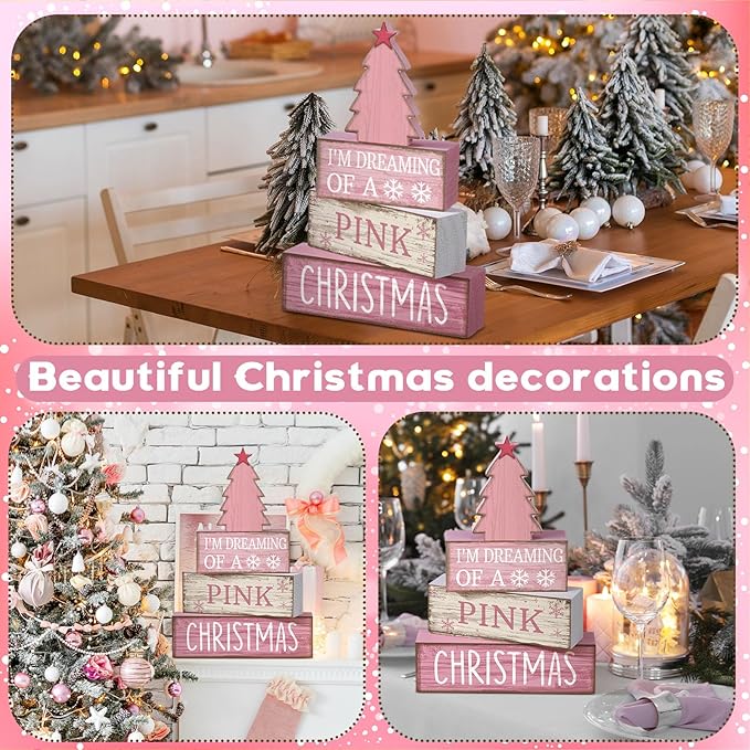 4 Pcs Christmas Table Decoration Wooden Pink Christmas Tree