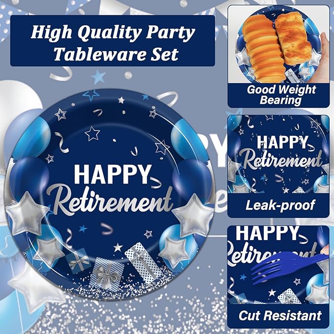 96 Pcs Retirement Plates and Napkins Party Supplies Paper Happy