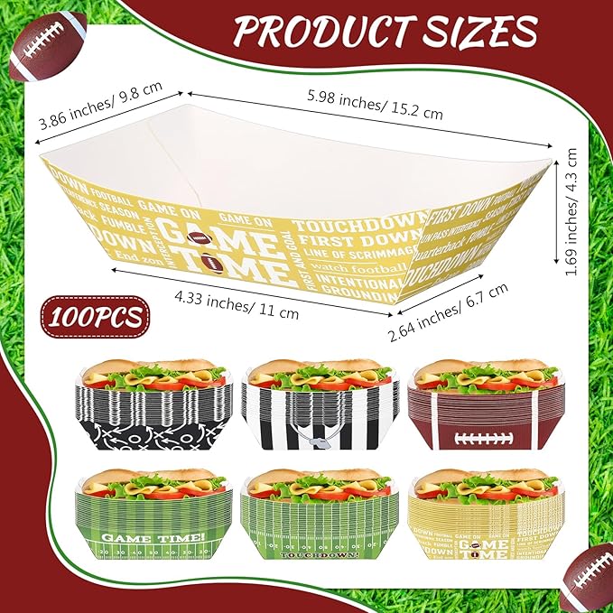 100 Pcs Football Party Favors & Supplies Paper Food Tray 2lb