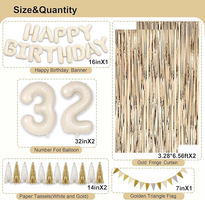 32nd Birthday Decorations for Women, White and Gold 32 Boho Birthday