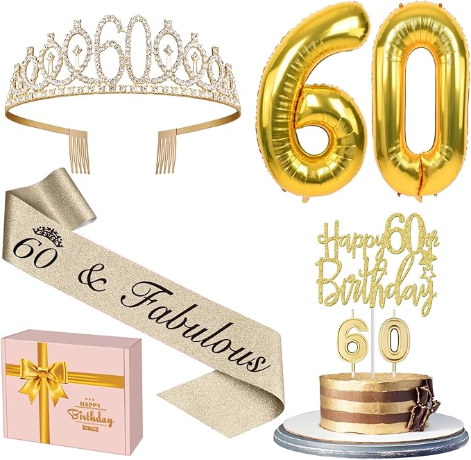60th Birthday Decorations for Women Gold with 60th Birthday Sash and