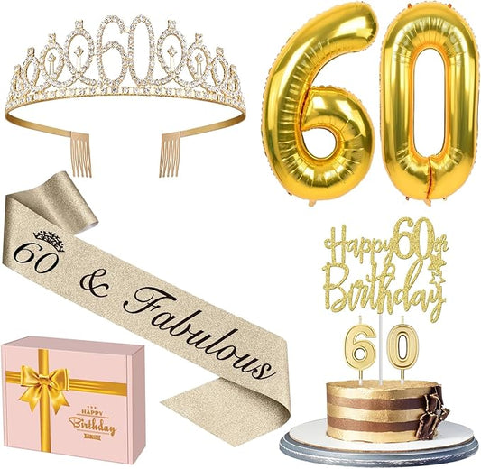 60th Birthday Decorations for Women Gold with 60th Birthday Sash and