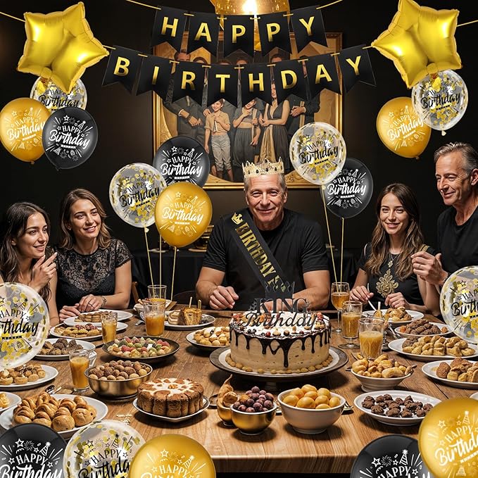 24PCS Black Gold Birthday Decorations - Gold Foil Balloons, Star