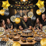 24PCS Black Gold Birthday Decorations - Gold Foil Balloons, Star