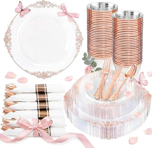Nervure 175PCS Rose Gold Plastic Plates - Disposable Rose Gold Party