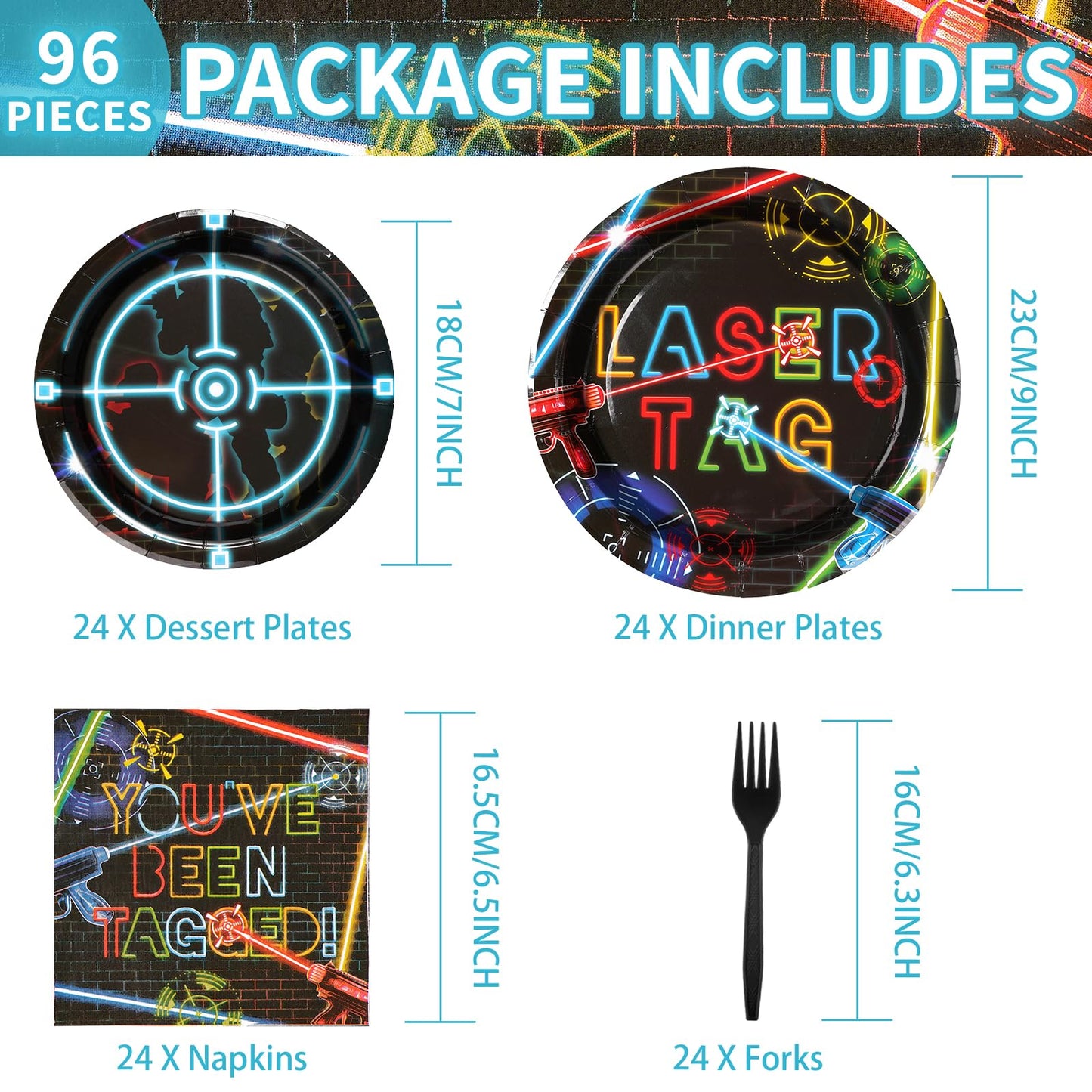 96 Pcs Laser Tag Party Supplies Disposable Glow Neon Plates Napkins