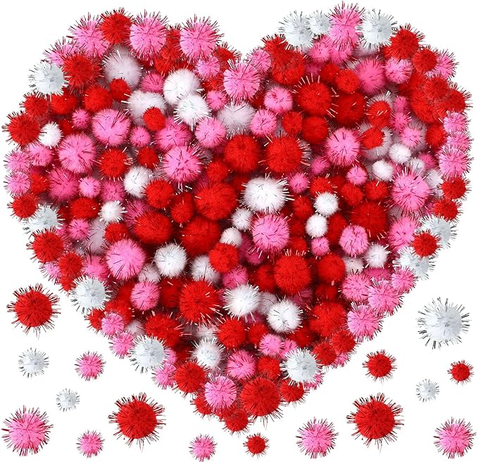 Valentine's Day Pom Poms Balls 600 Pieces Pink Red Glitter Pom Poms