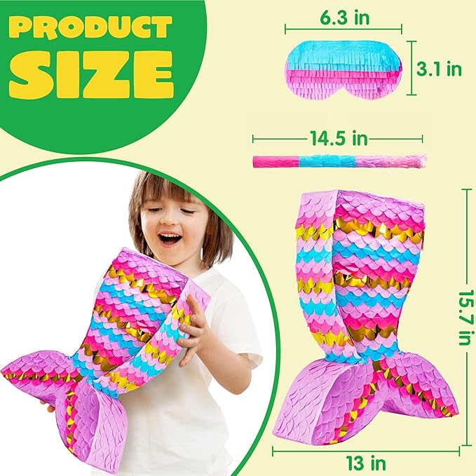 Mermaid Tail Pinata with Plastic Bat and Paper Blindfold for Fun