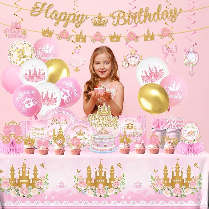196Pcs Princess Birthday Party Decorations Serves 24 Pink Princess