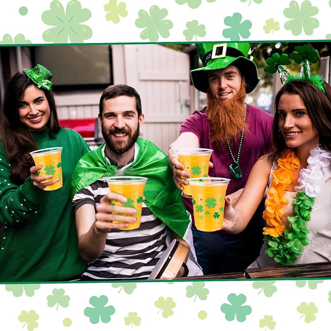 50 Pcs St Patrick's Day Cups 12 oz Plastic Shamrock Glasses Clear