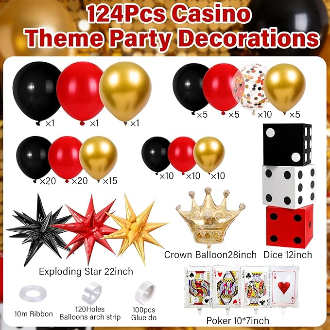 123Pcs Casino Balloon Arch Kit Red Black Gold Balloons with Large