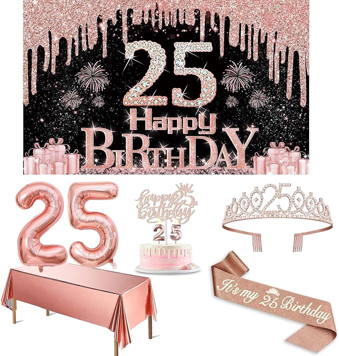 25th Birthday Decorations for Women with Banner Rose Gold Tablecloth