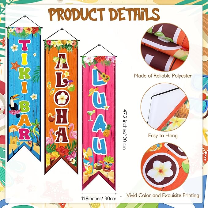 3 Pcs Hawaiian Banners Aloha Luau Porch Sign Tiki Bar Hanging Flag