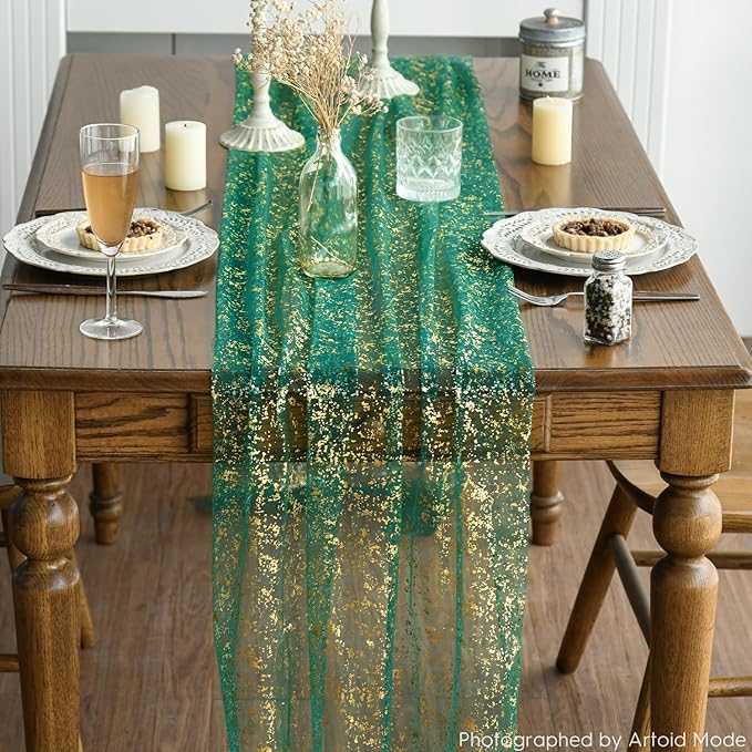 Artoid Mode 3PCS Green Gold Gauze Table Runner 120 Inch 10FT, Glitter