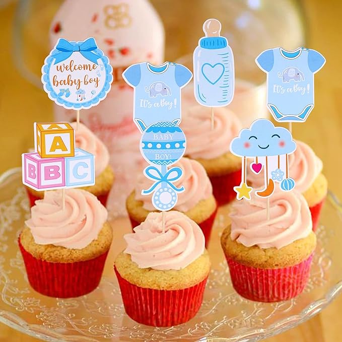 36 Pack Gender Reveal Cupcake Toppers Glitter Bottle Little Star