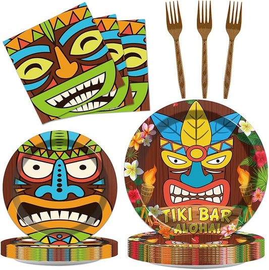 96 Pieces Tiki Party Decorations Luau Party Plates Hawaiian Aloha