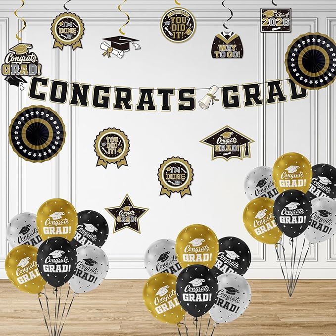Black and Gold Themed 2026 Graduation Decorations Set Congrats Grad