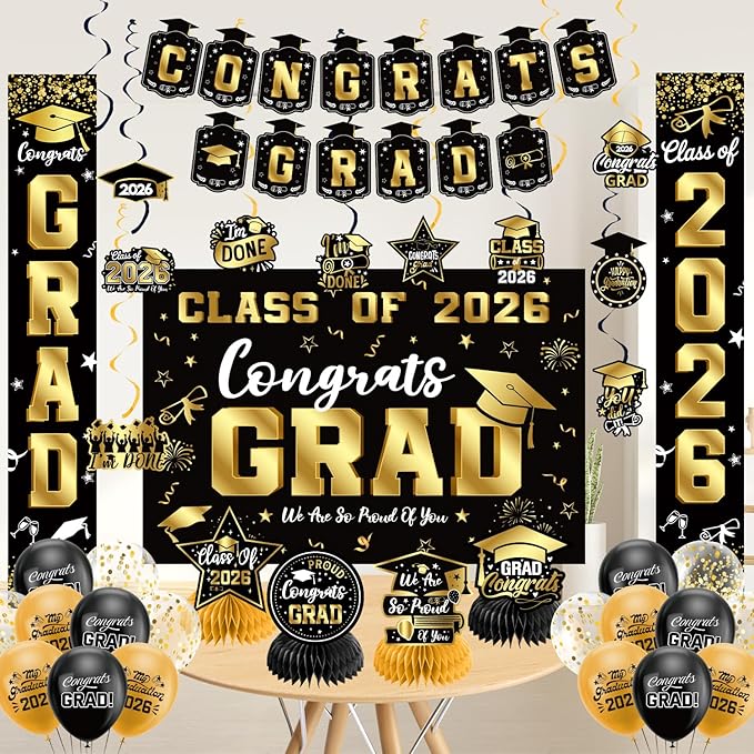 Graduation Decorations 2026 Set Black Gold Congrats Grad Decor Set