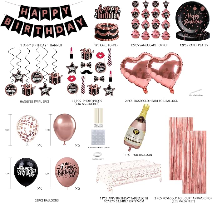 Rose Gold and Black Birthday Decorations Party Supplies Kit with