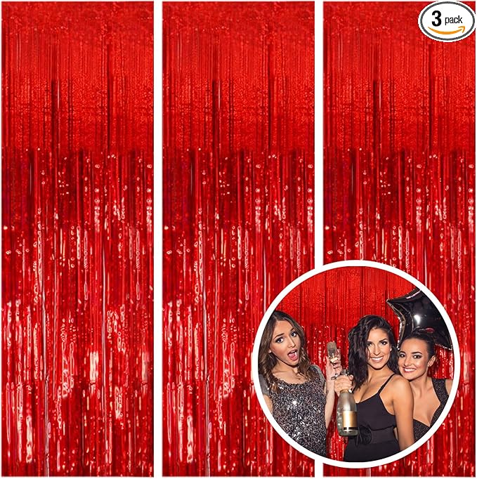 3 Pack Red Party Backdrop Tinsel Streamers Christmas Decorations Foil