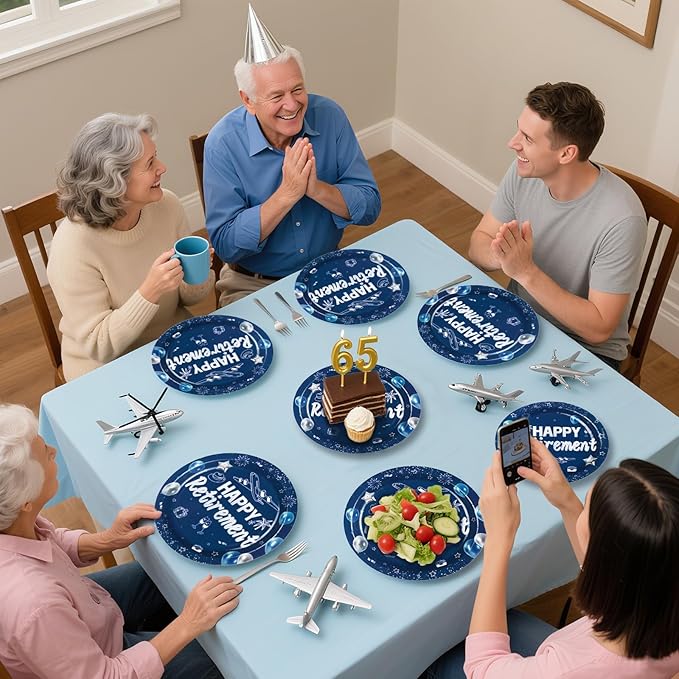96Pcs Happy Retirement Party Supplies Blue and Silver Plates and