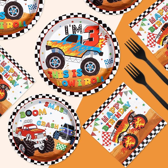96 Pcs Monster Theme Truck 3rd Birthday Party Supplies Monster Theme