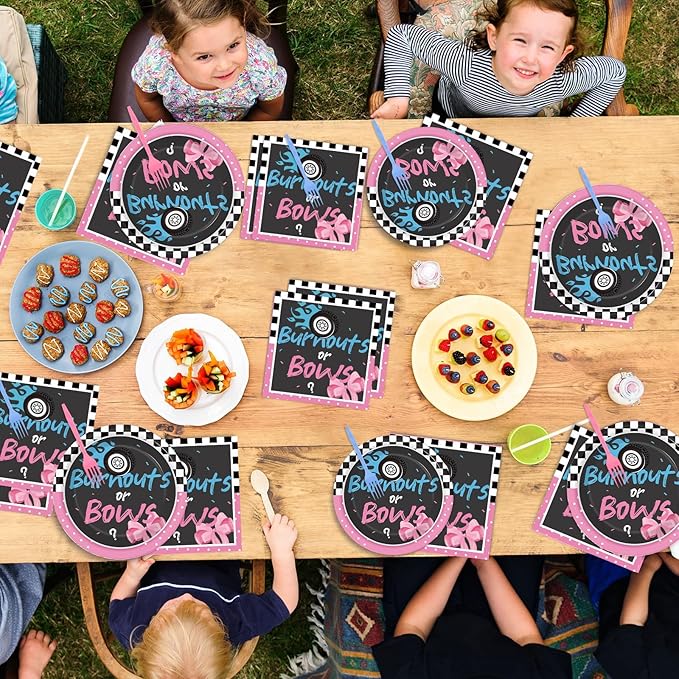 50 Guests Burnouts or Bows Gender Reveal Plates and Napkins Party