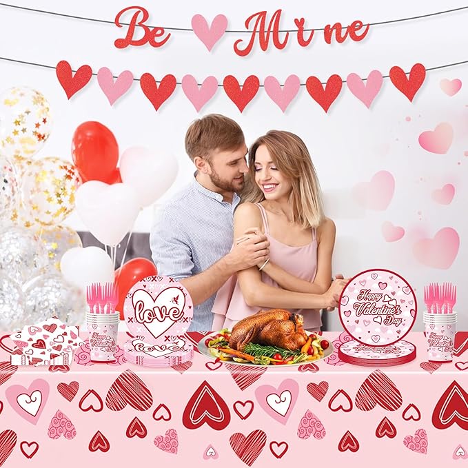122PCS Valentine's Day Party Supplies Pink Heart Paper Plates