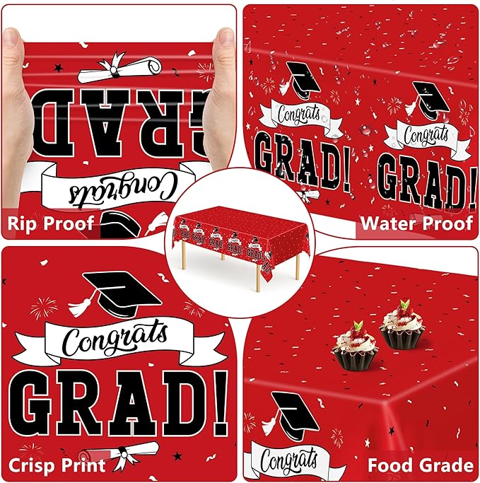 QZYL 2 PCS Graduation Tablecloth, 108" X 54" Red Graduation Table
