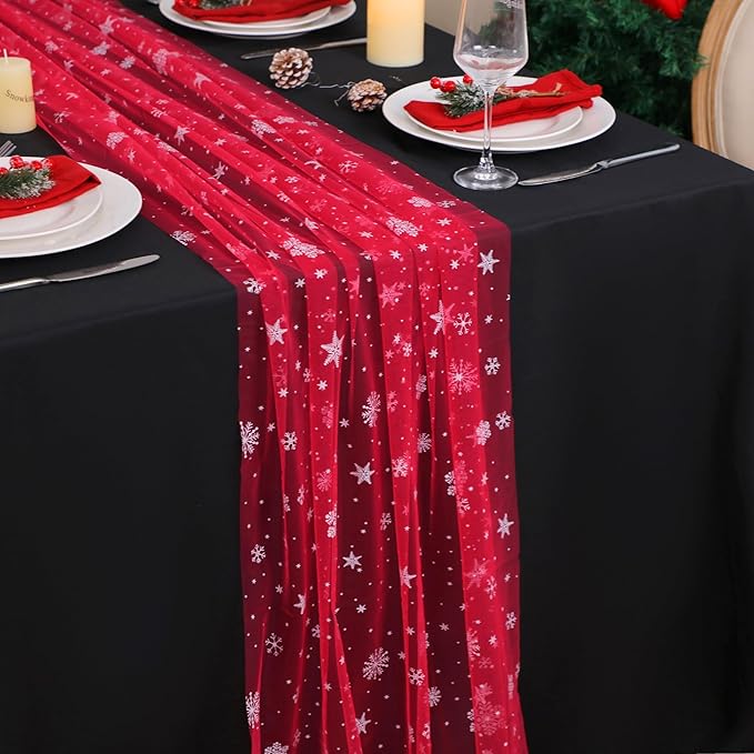 Snowkingdom Red Christmas Table Runner, Red and White Snowflakes