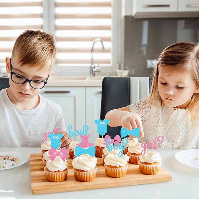 24 Pack Boy or Girl Cupcake Toppers Pink and Blue Glitter Baby