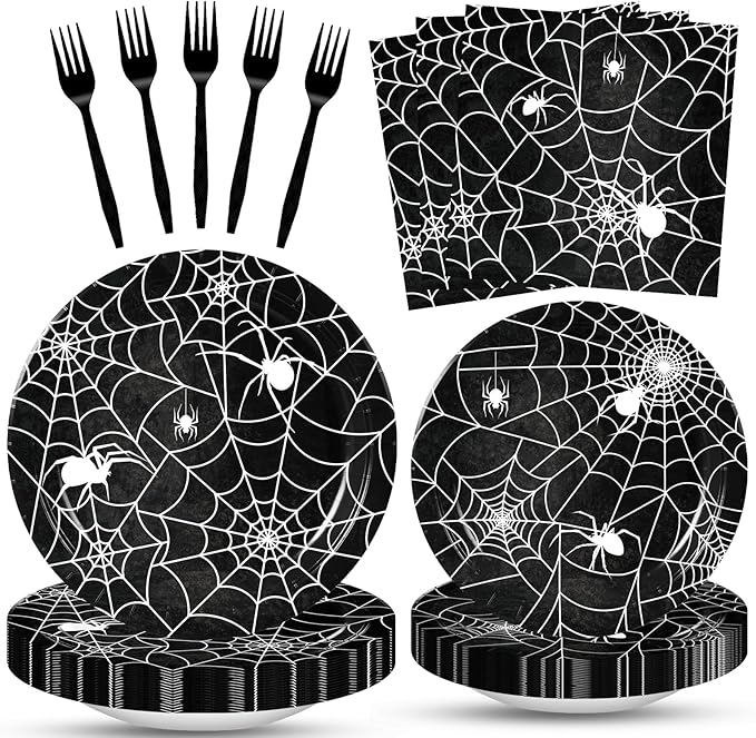 100 Pcs Halloween Spider Web Tableware Party Supplies Set Serves 25