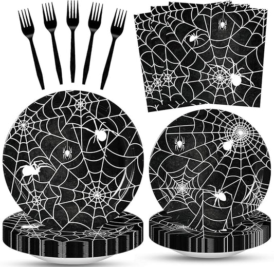 100 Pcs Halloween Spider Web Tableware Party Supplies Set Serves 25