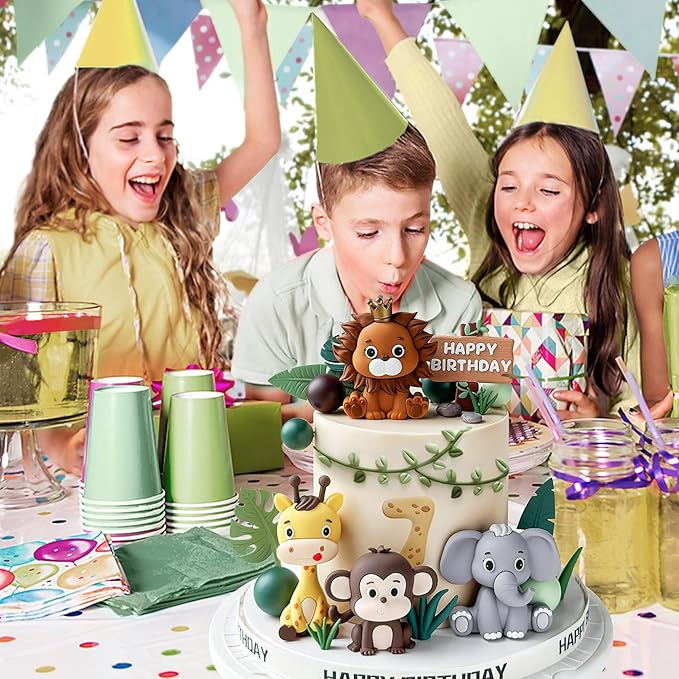 19pcs Safari Animal Cake Topper Jungle Wild Cake Toppers with Leaves